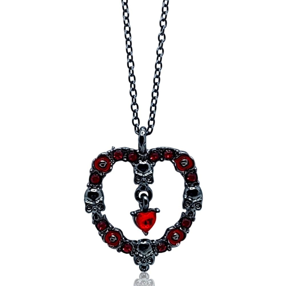 Gothic Punk Red Heart Floral Black Skull Necklace